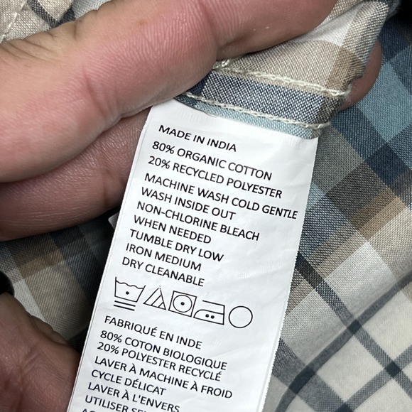 PrAna Shirt Mens Medium Blue Tan Plaid Short Sleeve Button Front Organic Cotton - Picture 4 of 8